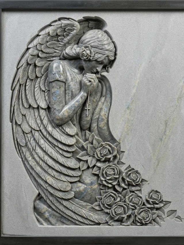 Modelo 3D de un ángel alado con rosas para bajorrelieve en piedra