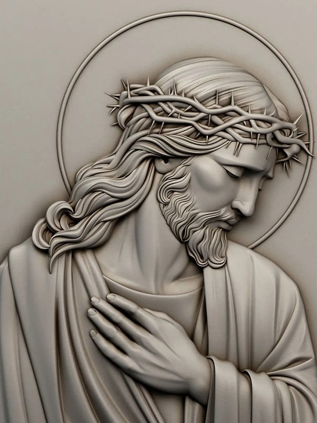 Modelo 3D en bajorrelieve de Jesús con corona de espinas para piedra