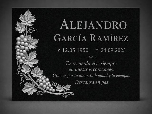 Proyecto de lápida negra con ornamentación de vid