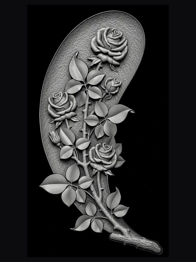 Modelo 3D de una rama de rosas en bajorrelieve para una lápida perfilada