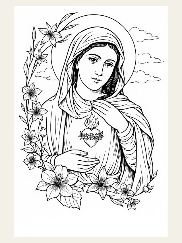 Dibujo lineal de la Virgen María con flores