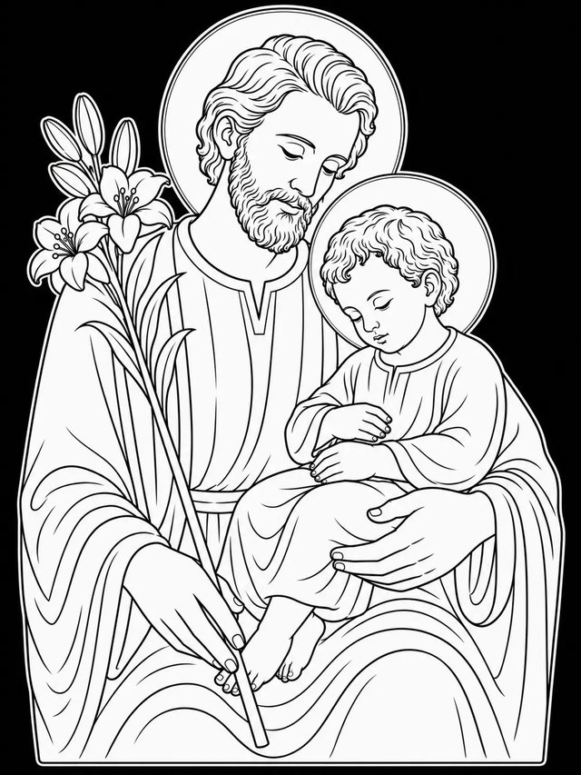 San José con el Niño Jesús y lirios en dibujo lineal