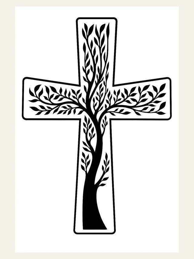 Cruz ornamentada con un árbol y ramas