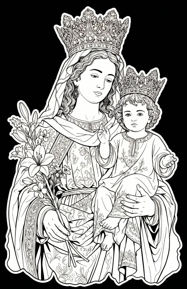 Virgen coronada con el Niño y flores en dibujo lineal