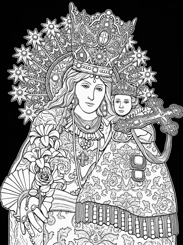 Virgen de los Desamparados con el Niño en dibujo lineal detallado