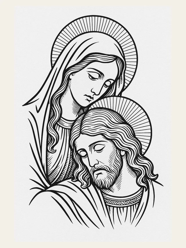 Dibujo lineal de la Virgen y Cristo
