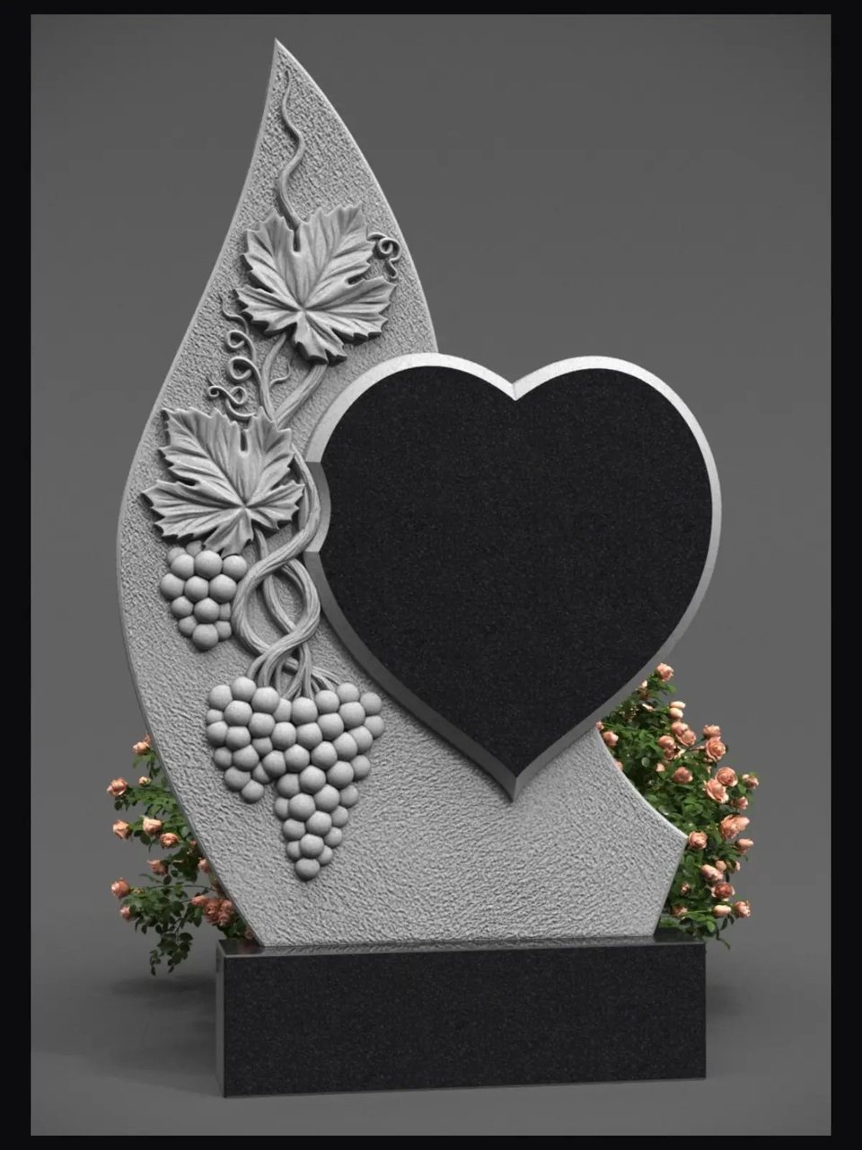 Visualización 3D de un monumento funerario con corazón y vid