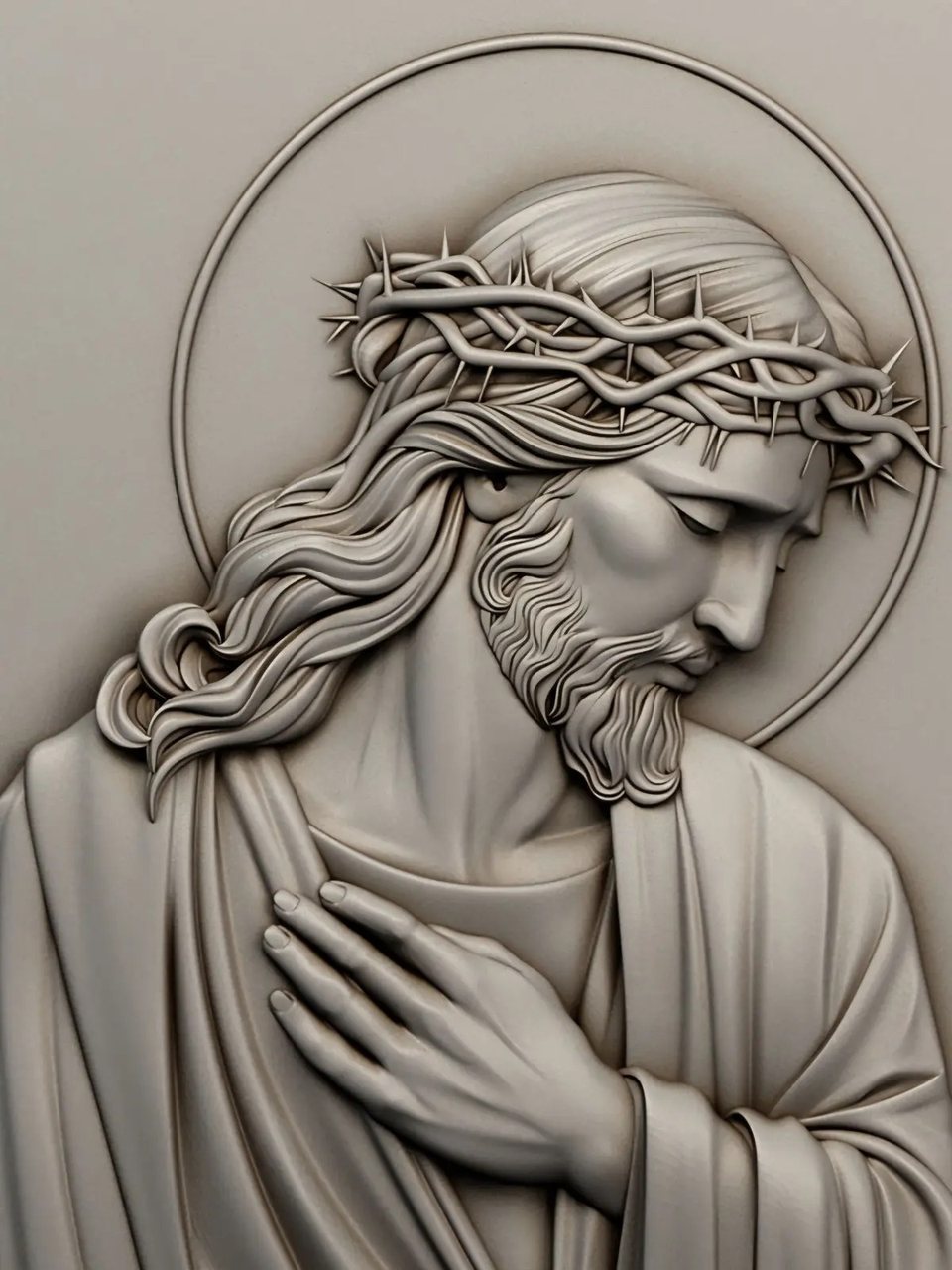 Modelo tridimensional del rostro de Jesús con corona de espinas para relieve en piedra