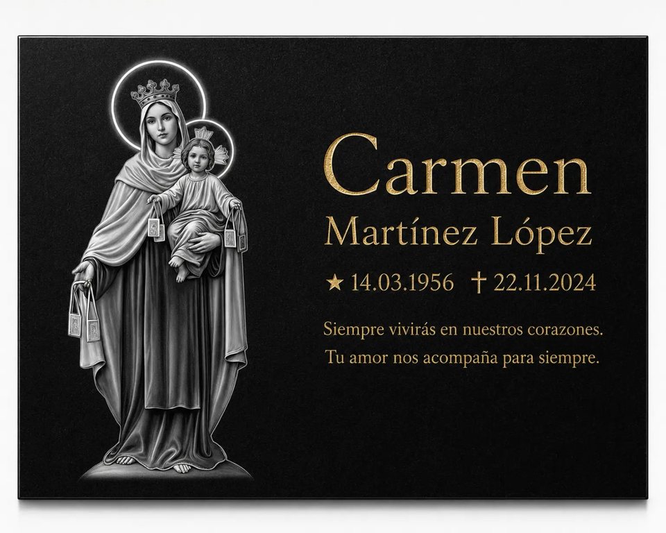 Proyecto visual de lápida de granito negro dedicada a la Virgen del Carmen
